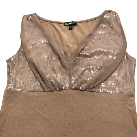 Express XS Brown Knit Top Sequins and Chiffon Empire Waist in front - Picture 4 of 7